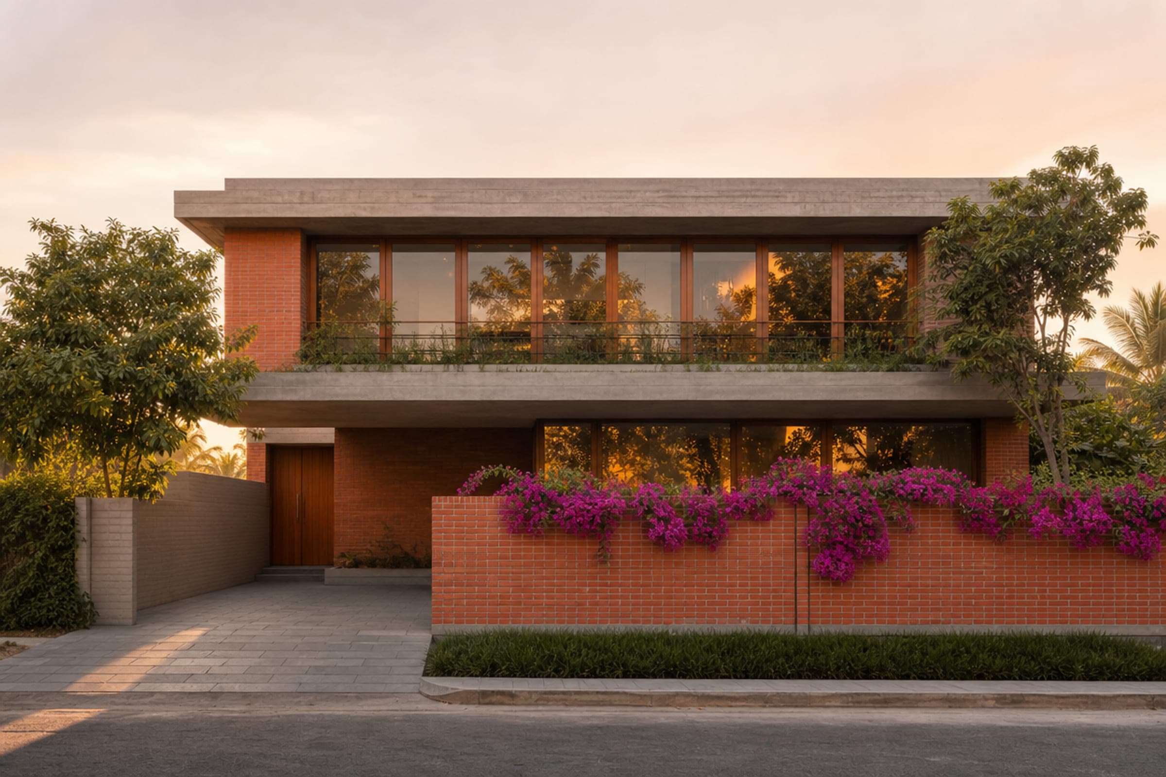 Completed two-storey residence at golden hour