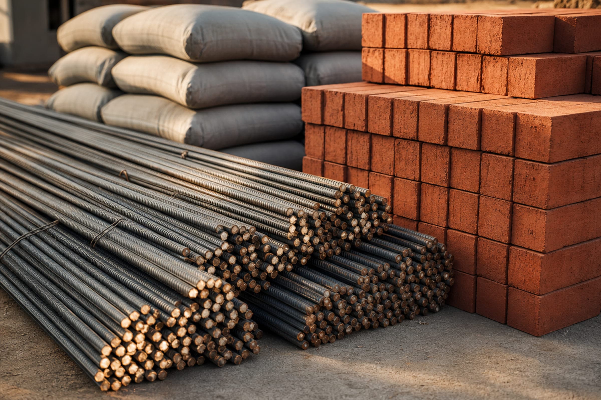 Construction materials stacked squarely on a swept site